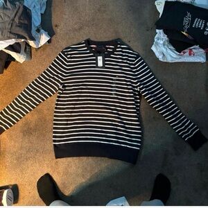 Tommy Hilfiger Men's Black and White Striped Crewneck Sweater